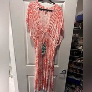 Printed swim coverup with embellished ties
